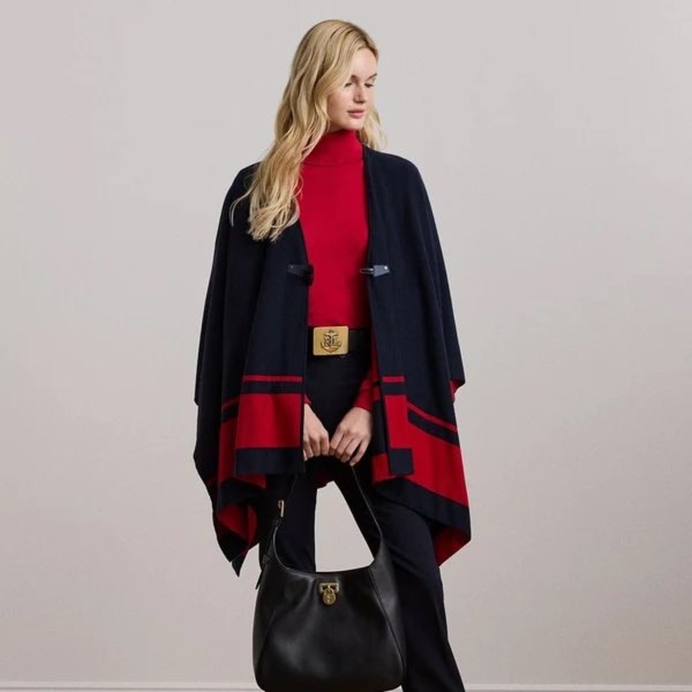 Lauren Ralph Lauren Navy Red Wool Blend Toggle Poncho Cape S/M NWT $295